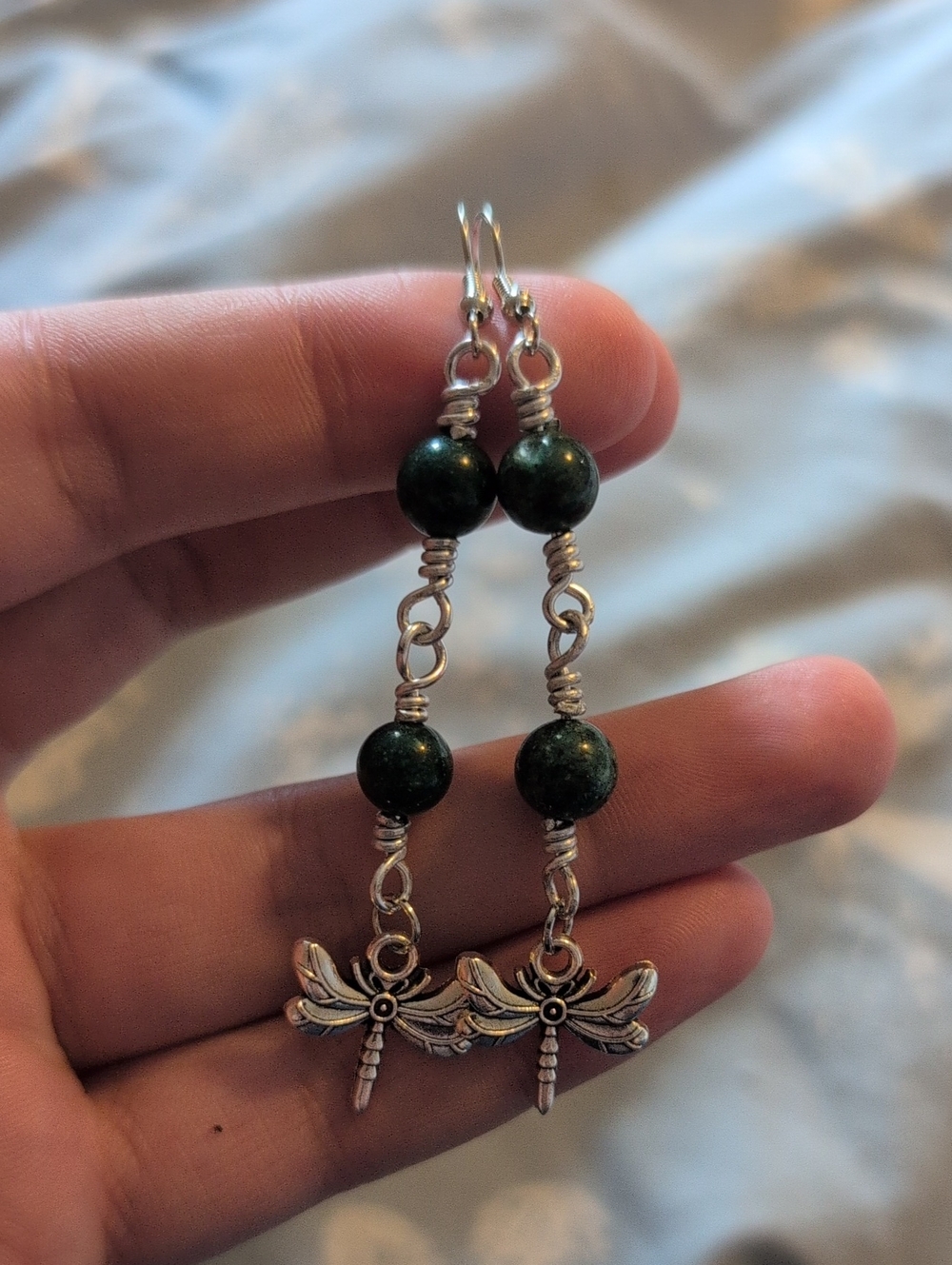 Handmade Silver Dragonfly Drop Earrings with Dark Green Beads
